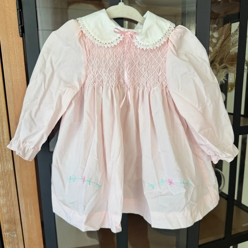 Vintage smocked dress embroidered heirloom Polly Flinders baby girl long sleeve